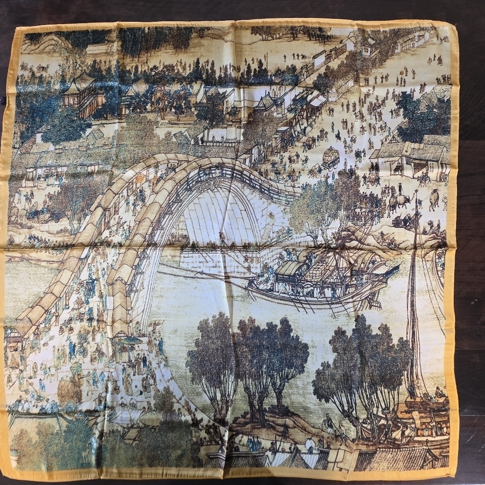 NWT "Along the River During the Qingming Festival" Satin Scarf Head Wrap 35" - Picture 6 of 8